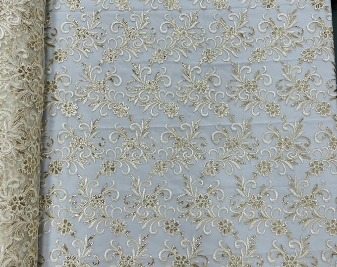 Ivory/Gold Floral Lace Fabric, by the yard - Embroidery With Sequins on a Mesh Lace Fabric For Gown, Wedding-Bridal