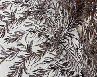 Brown Beaded Fabric by the yard, Fashion Pattern With Beads and Sequin, bridals-weddings-prom