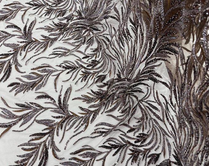 Brown Beaded Fabric by the yard, Fashion Pattern With Beads and Sequin, bridals-weddings-prom