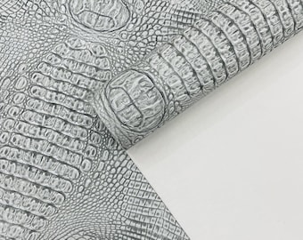 Metallic Gator Embossed Vinyl Fabric: White Silver Faux Leather Upholstery, 56" Wide