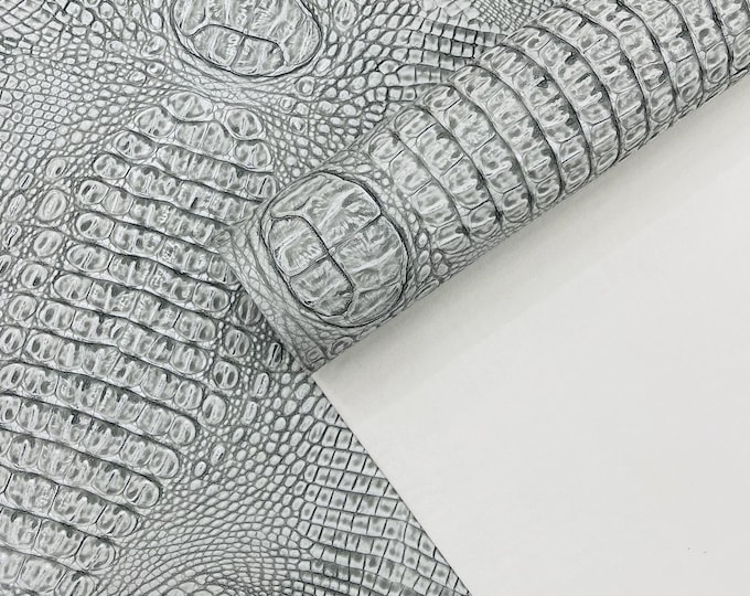 White Silver Metallic Caiman Gator Vinyl - Upholstery Faux Leather Vinyl Fabric by the Yard, Embossed Gator Caiman Fabric Upholstery