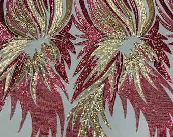 Red/Gold Sequin Angel Wing Fabric: Embroidered Mesh, Prom Gown Material