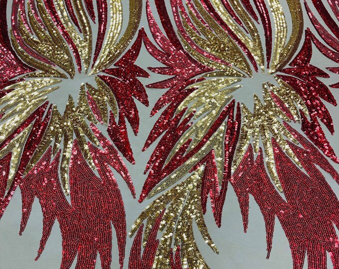 Red/Gold Sequins on Dark Nude Mesh Angel Wings 4 Way Stretch Sequin Design Embroidered on a Mesh Prom Gala Gown Sold By The Yard