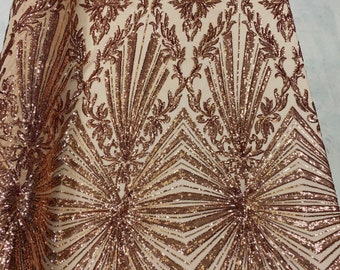 Rose Gold Sequin Lace Fabric, Geometric Embroidered Mesh, Prom Gown