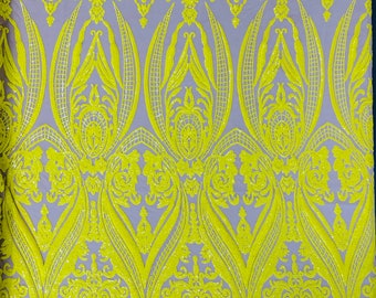 Yellow Sequin Fabric - on Nude Mesh - Damask Design 4 Way Stretch Iridescent Sequins Fabric Sold By The Yard