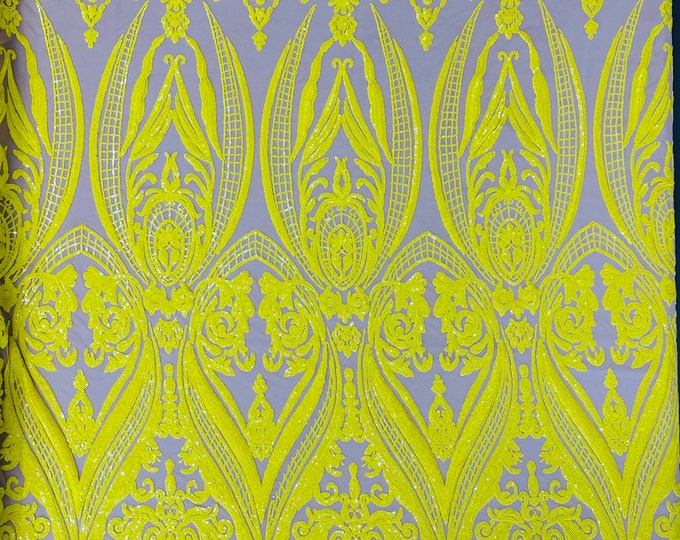 Yellow Sequin Fabric - on Nude Mesh - Damask Design 4 Way Stretch Iridescent Sequins Fabric Sold By The Yard