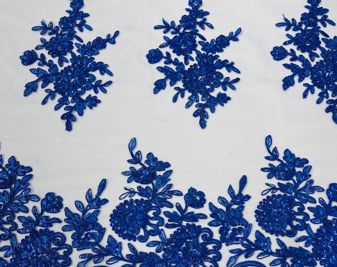 Royal Blue Lace Fabric | Flower Design Embroidered on Mesh Lace Fabric, Floral Bridal Lace Wedding Dress by the Yard (Pick a Size)