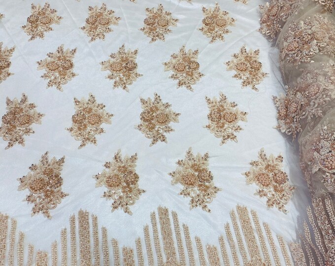 Blush Peach Beaded Fabric, Hand Embroidered Lace Bridal Floral On a Mesh Dress Fabric with Beads By The Yard