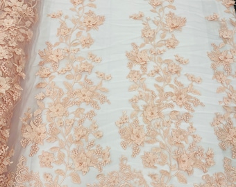 Blush 3D Floral Design Embroider and Beaded With Pearls On a Mesh Lace-Prom-Dresses-Nightgown-Apparel-Fashion By The Yard
