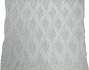 White Flower Beaded Lace Fabric: Embroidered Sequins Bridal Wedding Fabric