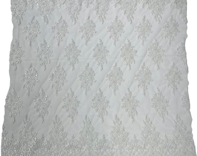 White Flower Beaded Fabric by the yard - Embroidered Beaded With Sequins Wedding Bridal Fabric | Lace Beaded