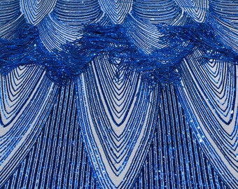 Royal Blue Fringe Sequins on Power Mesh, Fringe Design Embroidered on 4 Way Stretch Fancy Sequin ( Choose The Size )