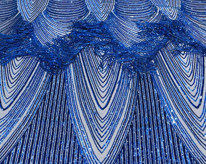Royal Blue Fringe Sequins on Power Mesh, Fringe Design Embroidered on 4 Way Stretch Fancy Sequin ( Choose The Size )