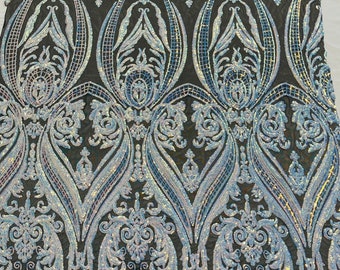 Aqua Iridescent Sequins - 4 Way Stretch Fancy Big Damask Design Sequins on Spandex Mesh Prom Gala Gown Fabric By The Yard