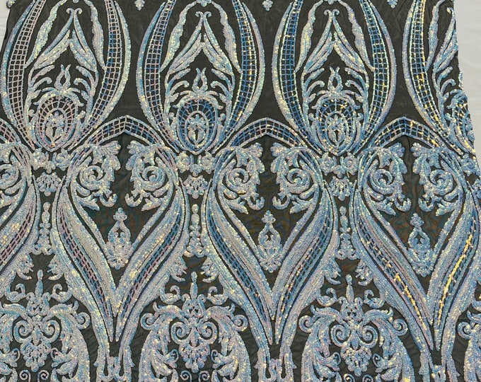 Aqua Iridescent Sequins - 4 Way Stretch Fancy Big Damask Design Sequins on Spandex Mesh Prom Gala Gown Fabric By The Yard