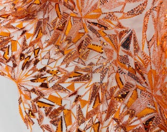 Orange Beaded Fabric By The Yard, Luxury Geometric Design Beads and Sequins, Beaded Fabric Embroidered on a Mesh Lace,Wedding,Bridal,Dress