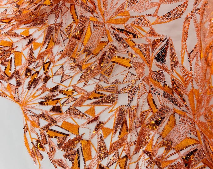 Orange Beaded Fabric By The Yard, Luxury Geometric Design Beads and Sequins, Beaded Fabric Embroidered on a Mesh Lace,Wedding,Bridal,Dress