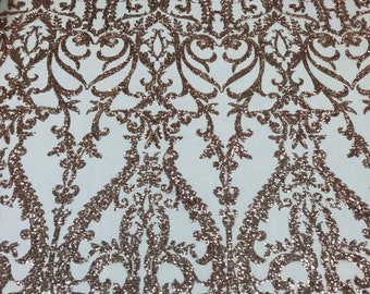 Rose Gold Sequin Lace Fabric: Damask Embroidered Mesh, 4-Way Stretch