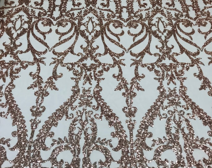 Rose Gold Sequins Lace Fabric, DAMASK Design Embroidered on a Mesh 4 way Stretch Sequin By The Yard -Prom-Gown ( Choose The Size )