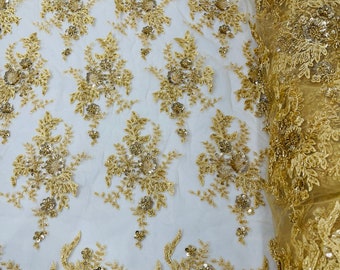 Gold Flower Cluster Beaded Fabric | by the yard | Embroidered Beaded Layered Border Fabric, Lace Beaded