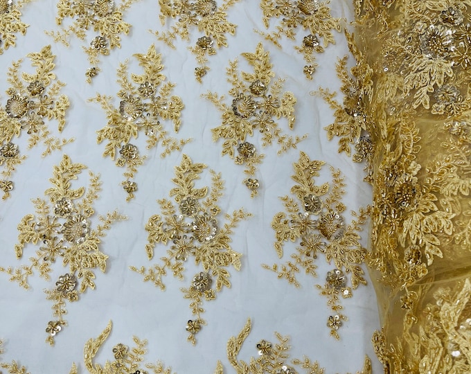 Gold Flower Cluster Beaded Fabric | by the yard | Embroidered Beaded Layered Border Fabric, Lace Beaded
