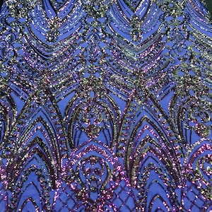 Iridescent Purple Sequin/Purple Mesh Damask Design 4 Way Stretch Sequin Fabric Spandex Mesh-Prom-Gown By The Yard