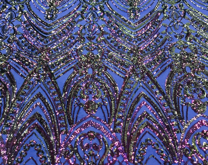 Iridescent Purple Sequin/Purple Mesh Damask Design 4 Way Stretch Sequin Fabric Spandex Mesh-Prom-Gown By The Yard