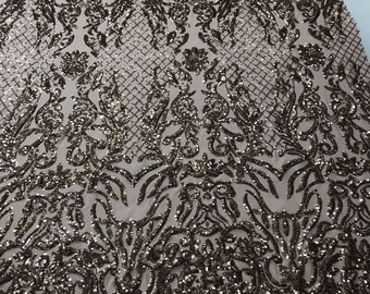 Dusty Rose Damask Sequin Fabric: Embroidered 4-Way Stretch Spandex, By The Yard