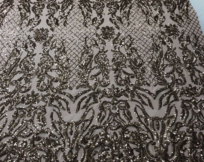 Dusty Rose Sequin -  Luxury Damask Design Embroidered Spandex 4way Stretch Sequin By Yard -Prom-Gown ( Choose The Size )