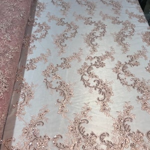 Blush Pink Floral Lace Fabric: Embroidered Sequins Mesh, Bridal Gown