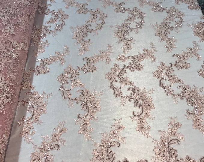 Blush Pink Floral Lace Fabric, Embroidery With Sequins on a Mesh Lace Fabric By The Yard For Gown, Wedding-Bridal