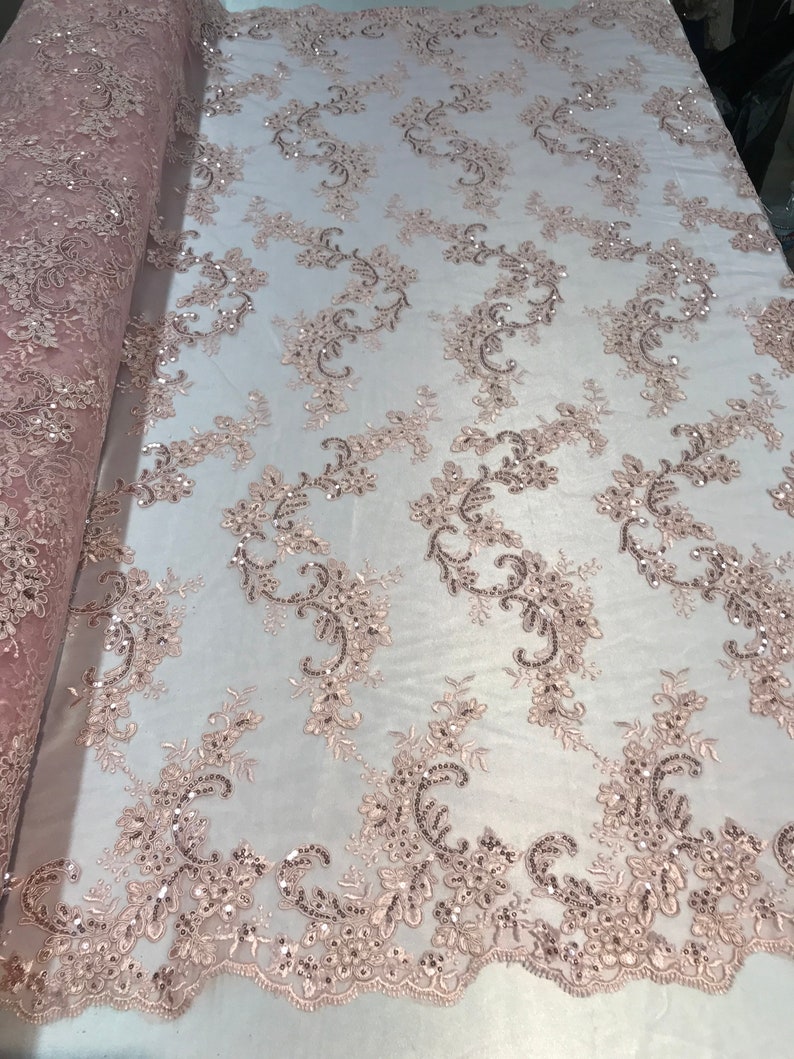 Blush Pink Floral Lace Fabric, Embroidery With Sequins on a Mesh Lace ...