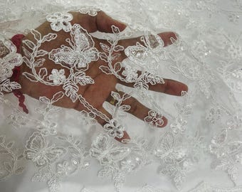 Off White Corded Butterfly Lace Fabric with Sequins