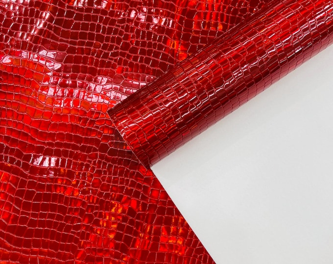 Red Crocodile Holographic Embossed PVC Vinyl Fabric, Metallic Crocodile Vinyl Fabric By The Yard DIY Upholstery Accessories Applications