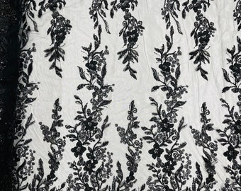 Black Flower Embroidered Beaded Fabric: Bridal Wedding Lace By The Yard