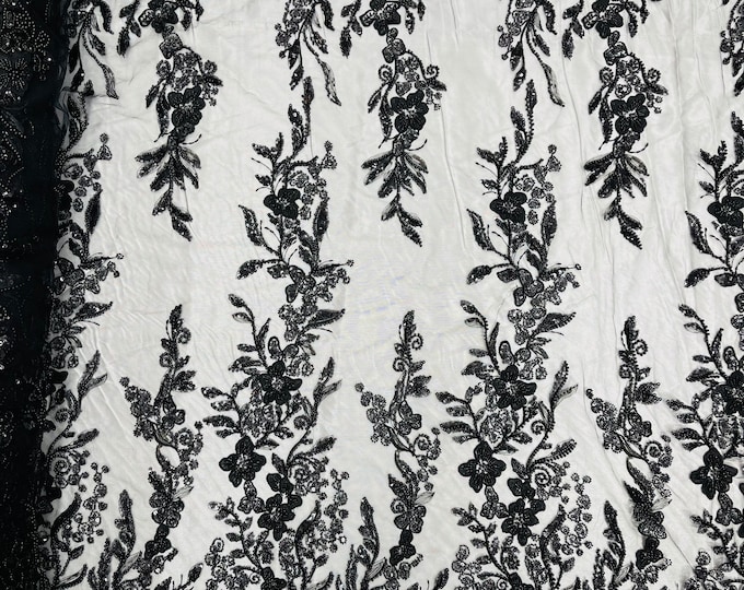 BLACK Flower Beaded Fabric - Embroidered Beaded With Sequins Wedding Bridal Fabric Sold By The Yard