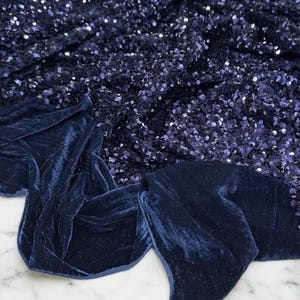 Navy Blue Sequin Fabric on Navy Stretch Velvet - by the yard - all Over 5mm Sequins Velvet 2-way Stretch 58/60”