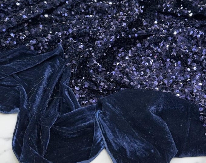 Navy Blue Sequin Fabric on Navy Stretch Velvet - by the yard - all Over 5mm Sequins Velvet 2-way Stretch 58/60”
