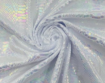 White Iridescent Snake Illusion Foil Stretch Velvet Fabric | Snake Print - by the yard