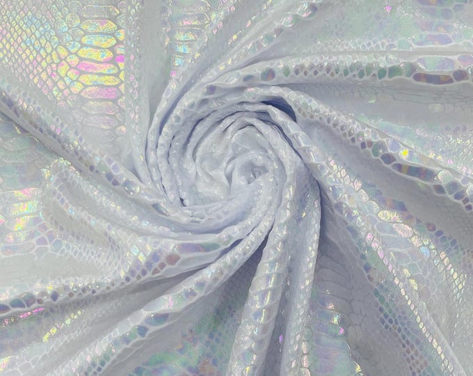 White Iridescent Snake Illusion Foil Stretch Velvet Fabric | Snake Print - by the yard