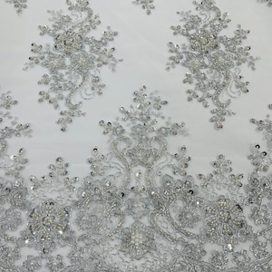 Metallic Silver Beaded Floral Lace Fabric: Bridal Embroidery Sequins