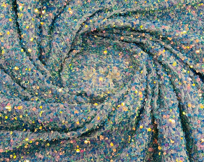 Blue Iridescent Sequin Fabric On Lavender Stretch Velvet by the yard (Pick a Size) Costume Craft Fabric - Sequins Velvet Fabric