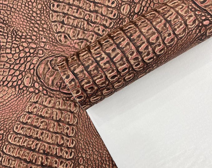 Rose Bronze Metallic Caiman Gator Vinyl - Upholstery Faux Leather Vinyl Fabric by the Yard, Embossed Gator Caiman Fabric Upholstery