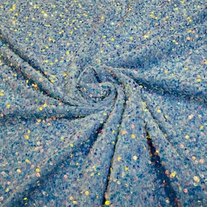Clear Iridescent Sequin Fabric on Baby Blue Stretch Velvet - by the yard - all Over 5mm Sequins Velvet 2-way Stretch 58/60”