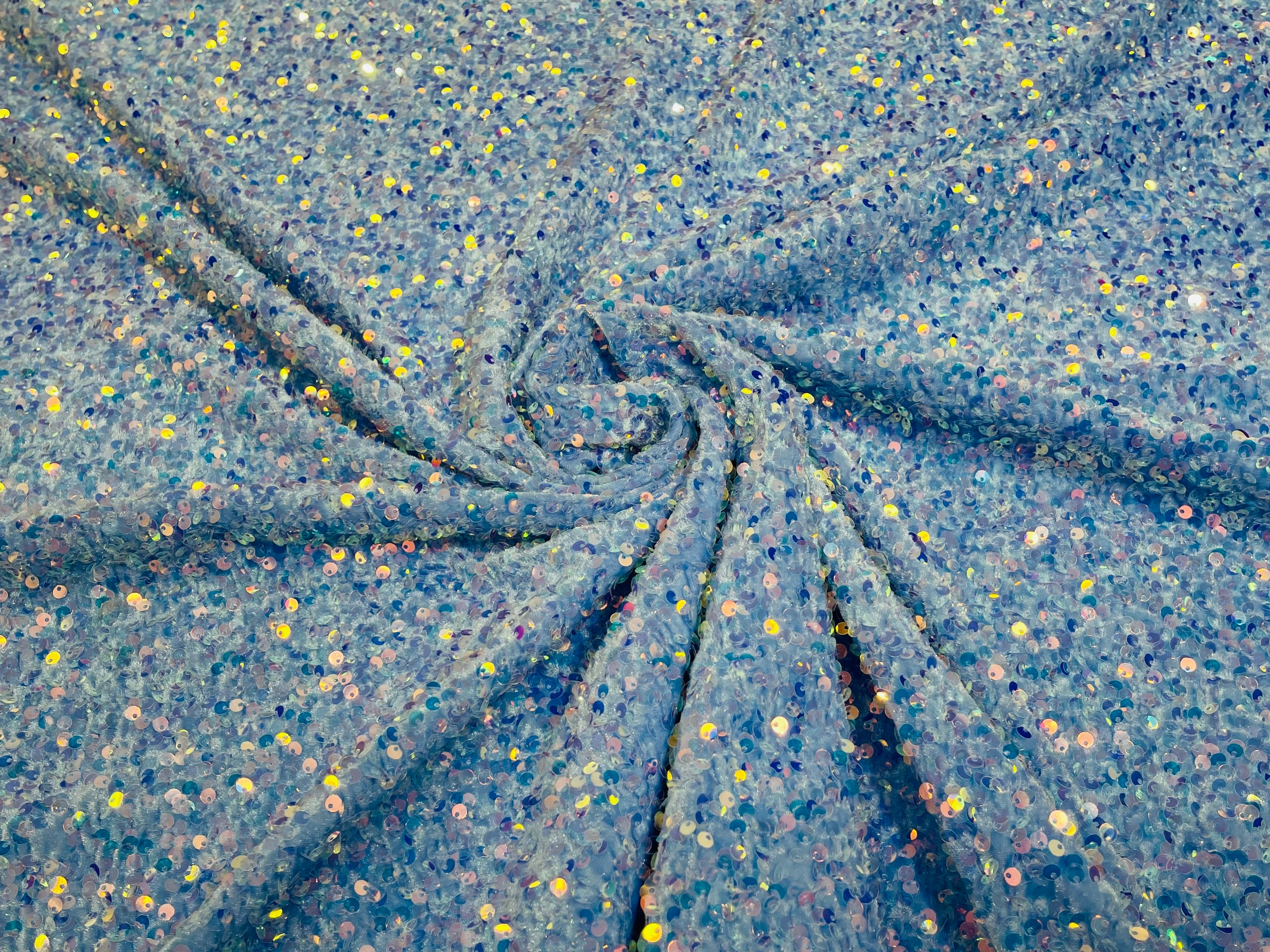 Clear Iridescent Sequin Fabric on Baby Blue Stretch Velvet by the