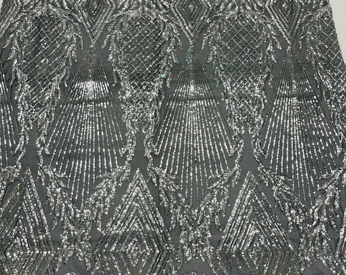 Silver Sequins on Black Mesh  - 4 Way Stretch Geometric Diamond Design on Mesh Fabric for Prom Gala Gown By The Yard