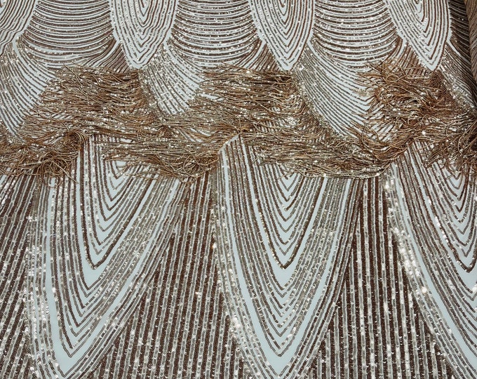 Rose Gold Fringe Sequins on Power Mesh, Fringe Design Embroidered on 4 Way Stretch Fancy Sequin ( Choose The Size )