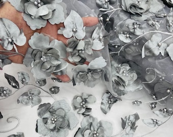 Gray Orquidia 3D Floral Design Embroider With Pearls On a Mesh Lace Fabric, Orquidia Big 3D Flower Lace Fabric | Prom-Dress By The Yard
