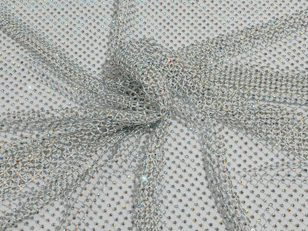 Fishnet Opacity Rhinestone Iridescent Rhinestone Fishnet Fabric: White Stretch Spandex, Crystal ...