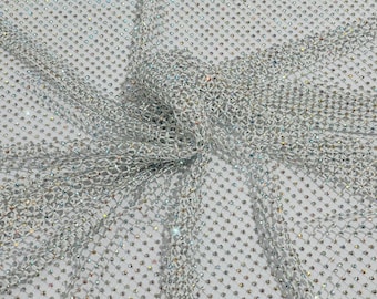 Iridescent Rhinestone Fishnet Fabric: White Stretch Spandex, Crystal Stones